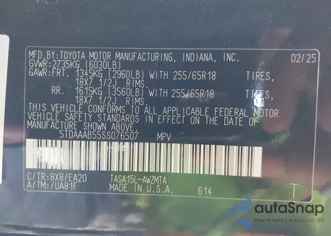 2025 Toyota Grand Highlander Xle from USA, damaged, VIN 5TDAAAB55SS076507